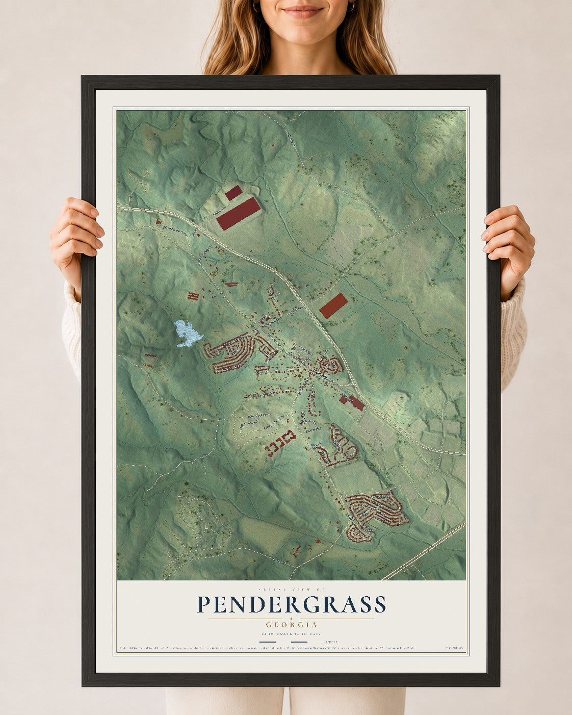 Pendergrass, Georgia map print, 24" x 36" W/ Black Ayous Wood Frame mockup