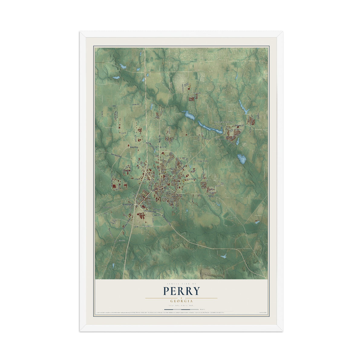 Perry, Georgia map print, 12" x 18" W/ White Ayous Wood Frame mockup