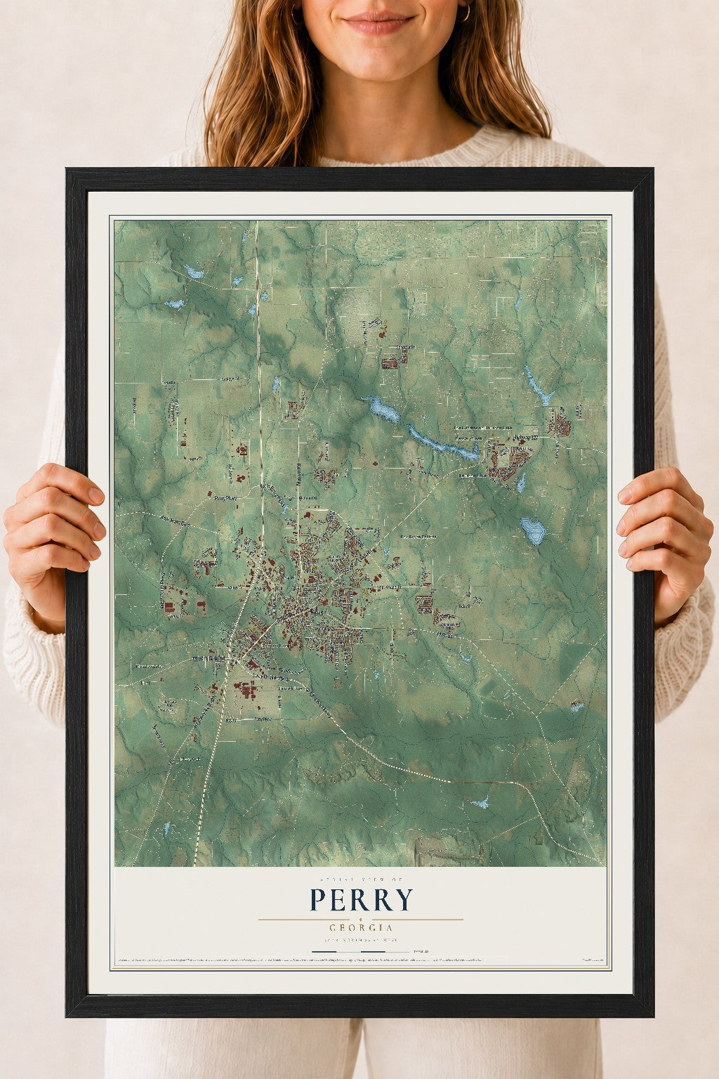 Perry, Georgia map print, 18" x 24" W/ Black Ayous Wood Frame mockup