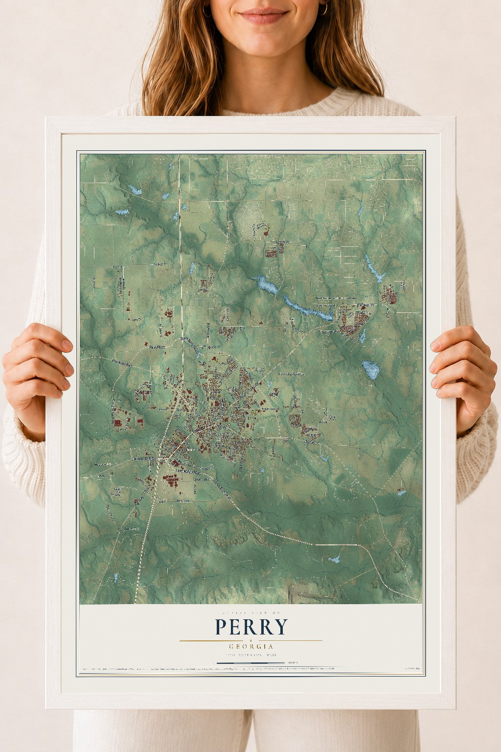 Perry, Georgia map print, 18" x 24" W/ White Ayous Wood Frame mockup