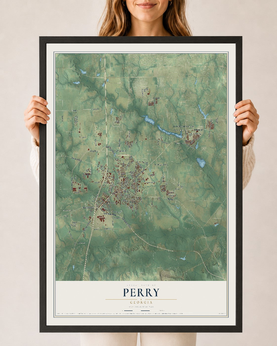Perry, Georgia map print, 24" x 36" W/ Black Ayous Wood Frame mockup