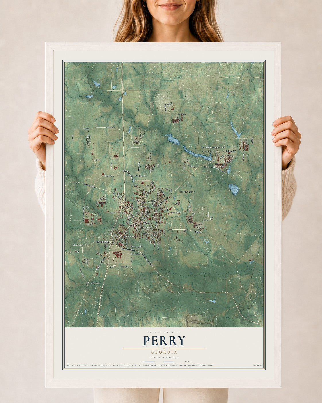Perry, Georgia map print, 24" x 36" W/ White Ayous Wood Frame mockup