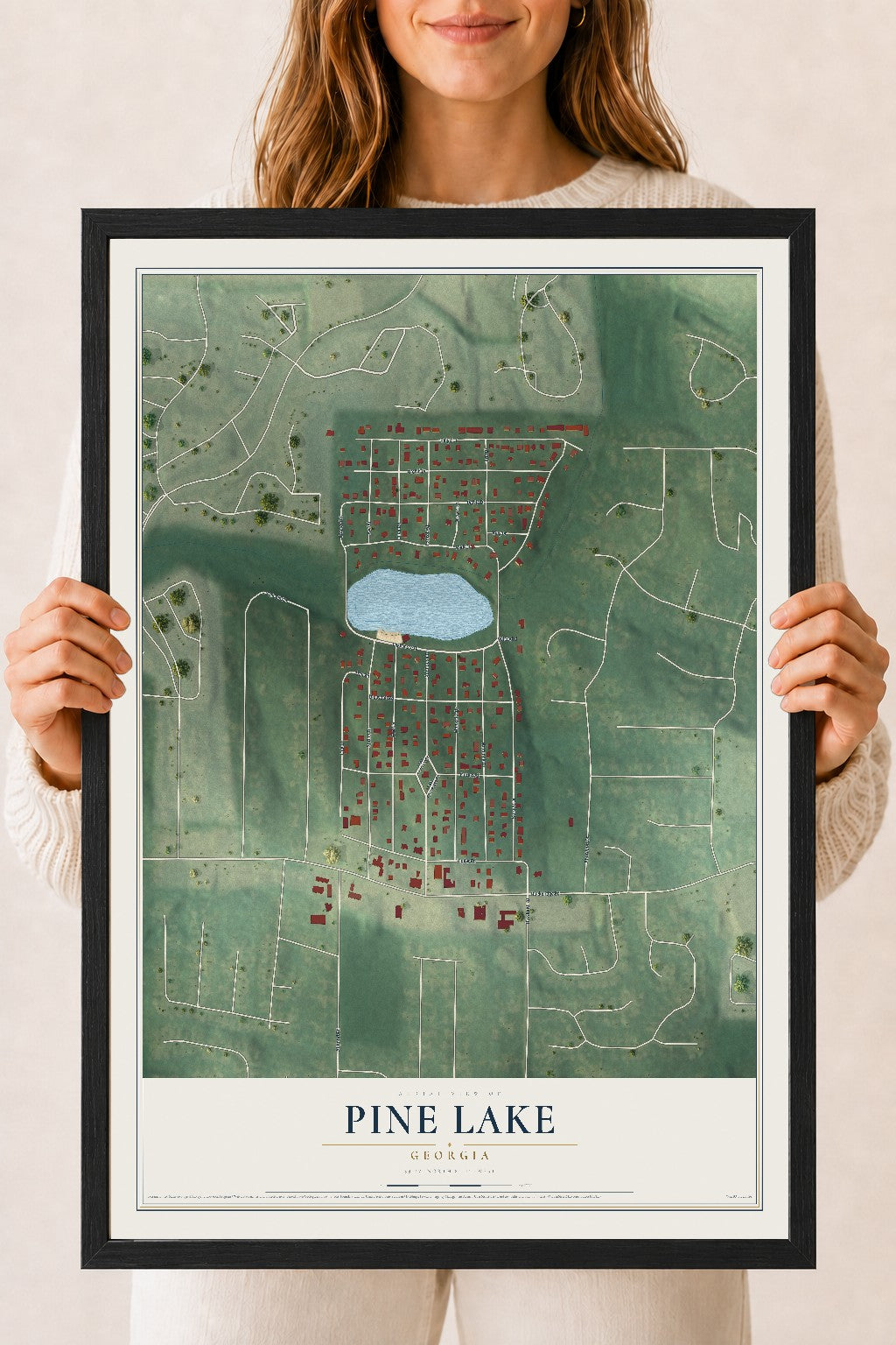 Pine Lake, Georgia map print, 18" x 24" W/ Black Ayous Wood Frame mockup