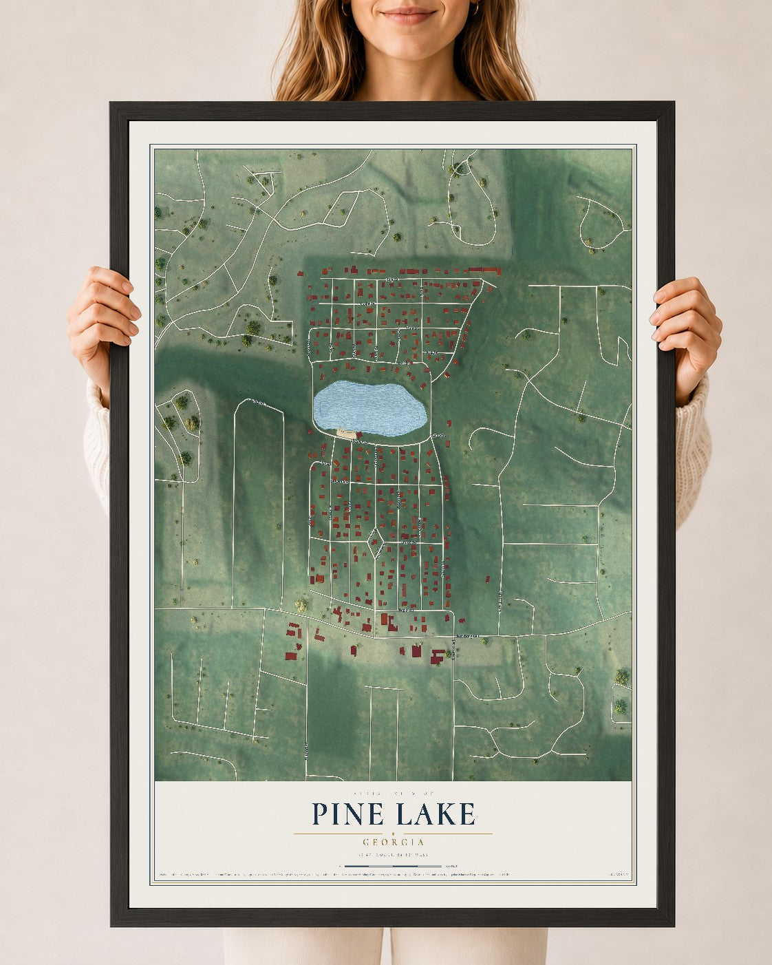 Pine Lake, Georgia map print, 24" x 36" W/ Black Ayous Wood Frame mockup