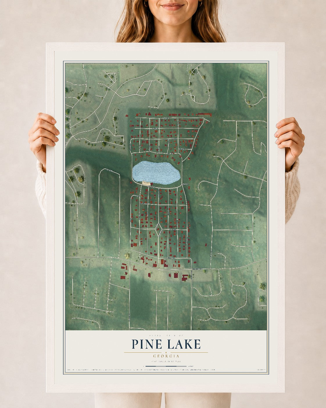 Pine Lake, Georgia map print, 24" x 36" W/ White Ayous Wood Frame mockup