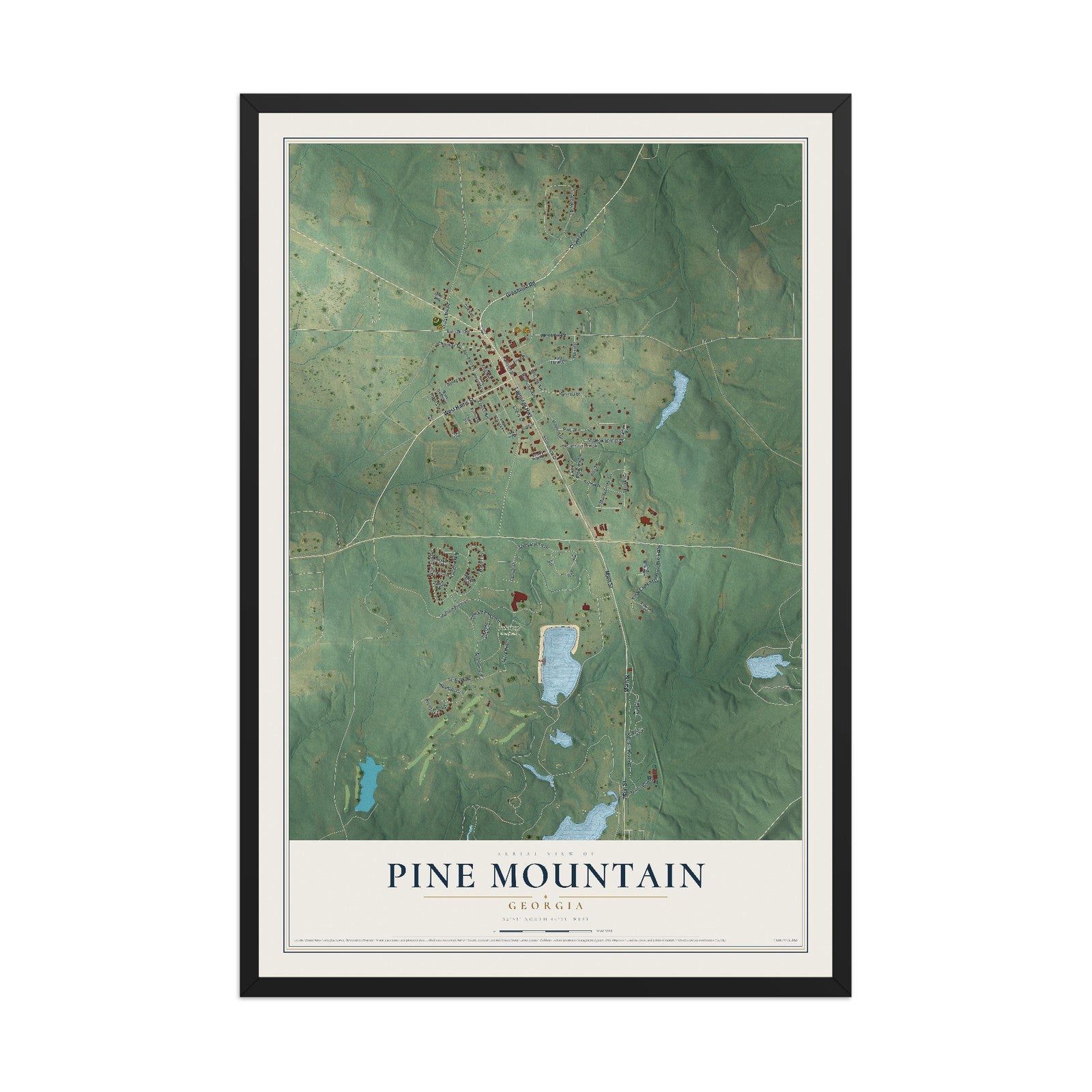 Pine Mountain, Georgia map print, 12" x 18" W/ Black Ayous Wood Frame mockup