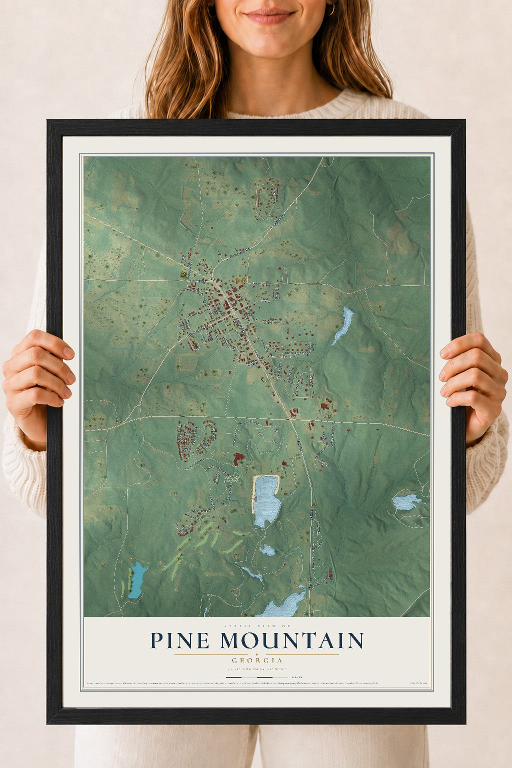 Pine Mountain, Georgia map print, 18" x 24" W/ Black Ayous Wood Frame mockup