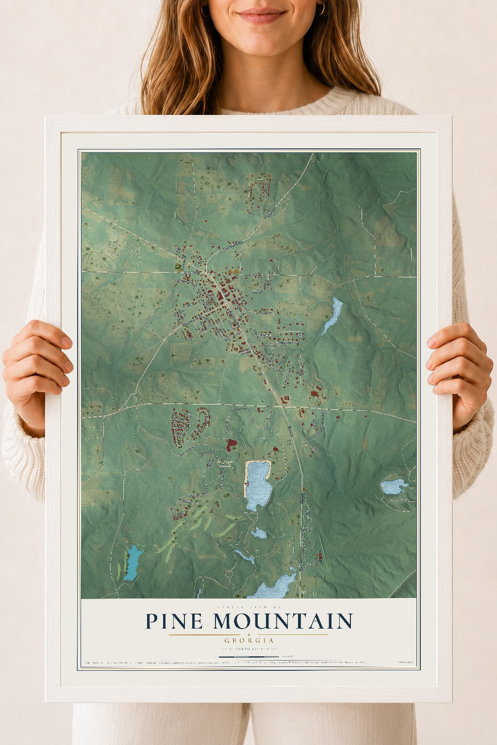 Pine Mountain, Georgia map print, 18" x 24" W/ White Ayous Wood Frame mockup