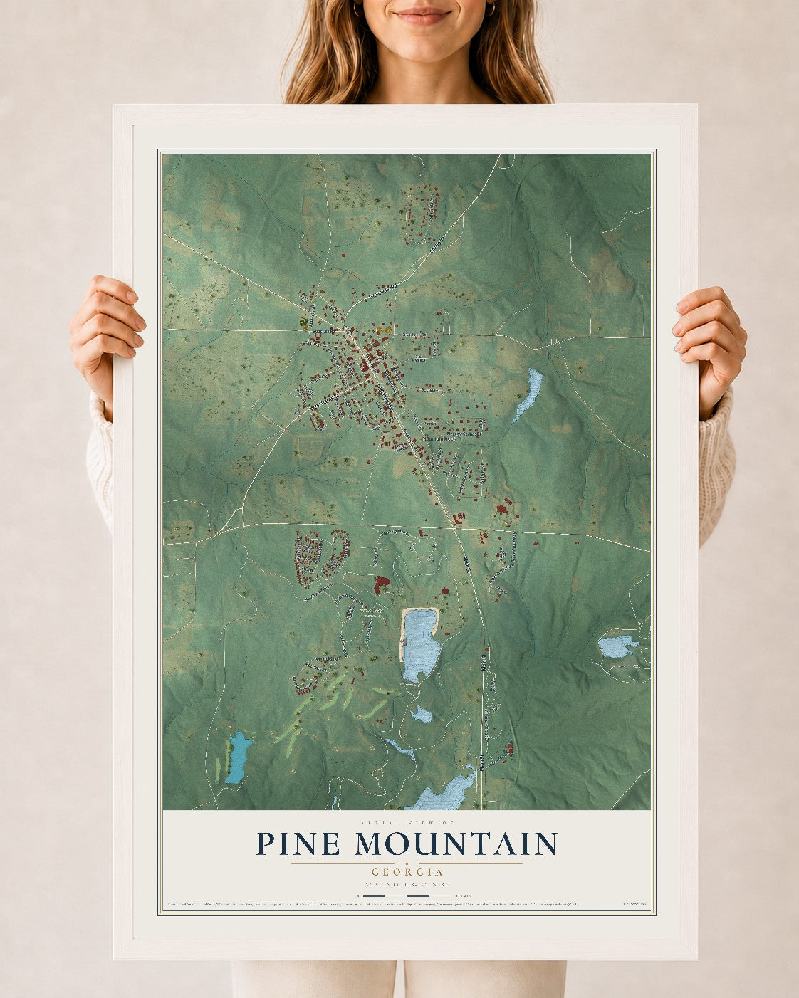 Pine Mountain, Georgia map print, 24" x 36" W/ White Ayous Wood Frame mockup