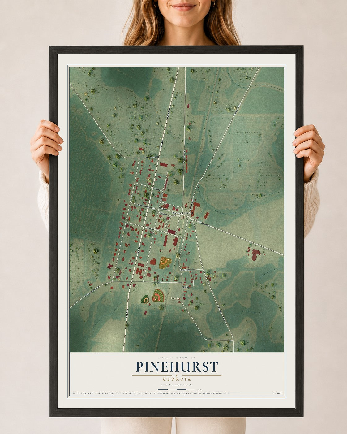 Pinehurst, Georgia map print, 24" x 36" W/ Black Ayous Wood Frame mockup