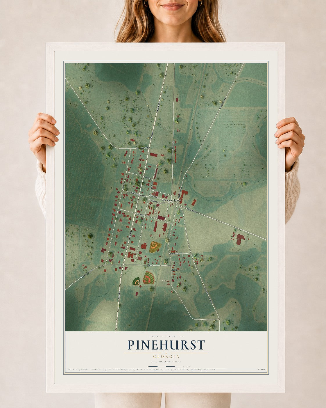 Pinehurst, Georgia map print, 24" x 36" W/ White Ayous Wood Frame mockup