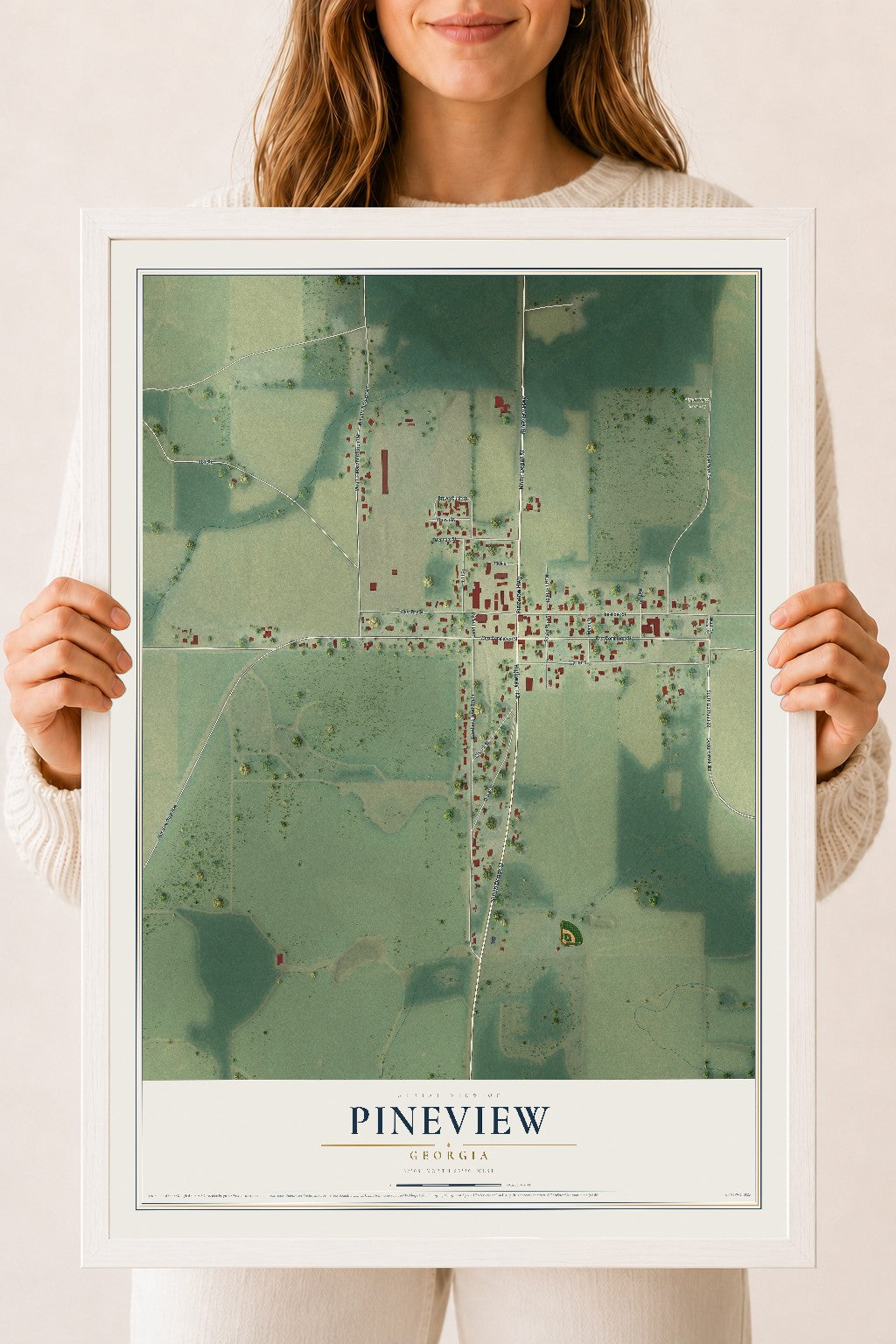 Pineview, Georgia map print, 18" x 24" W/ White Ayous Wood Frame mockup
