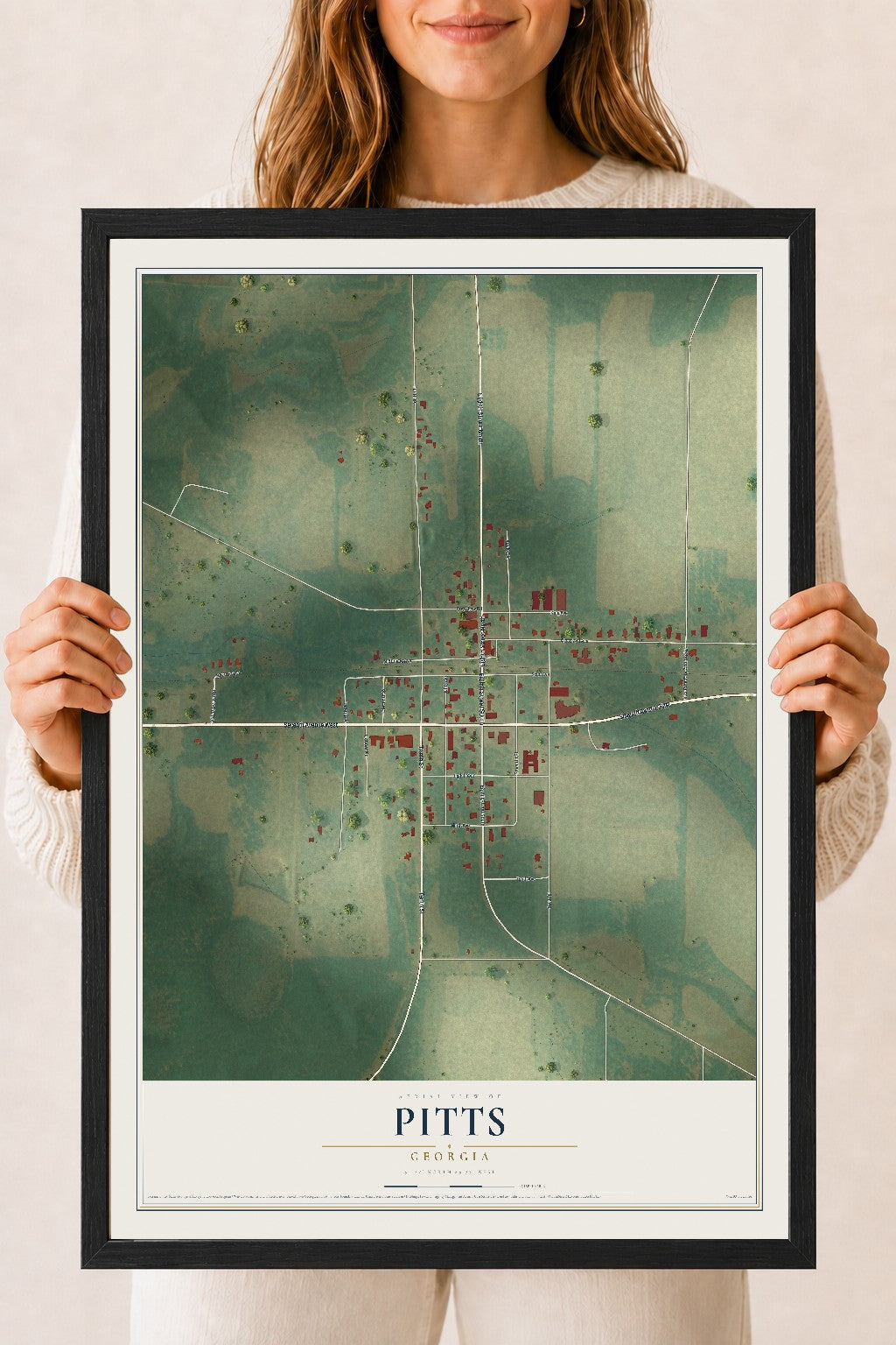 Pitts, Georgia map print, 18" x 24" W/ Black Ayous Wood Frame mockup
