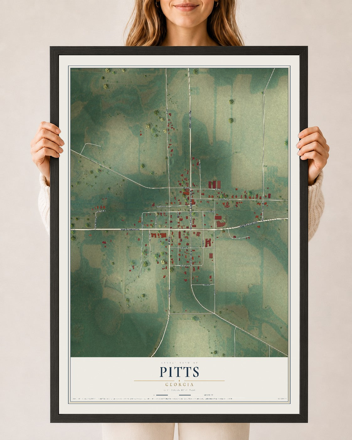 Pitts, Georgia map print, 24" x 36" W/ Black Ayous Wood Frame mockup