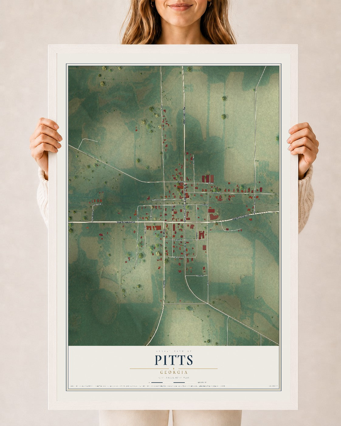Pitts, Georgia map print, 24" x 36" W/ White Ayous Wood Frame mockup
