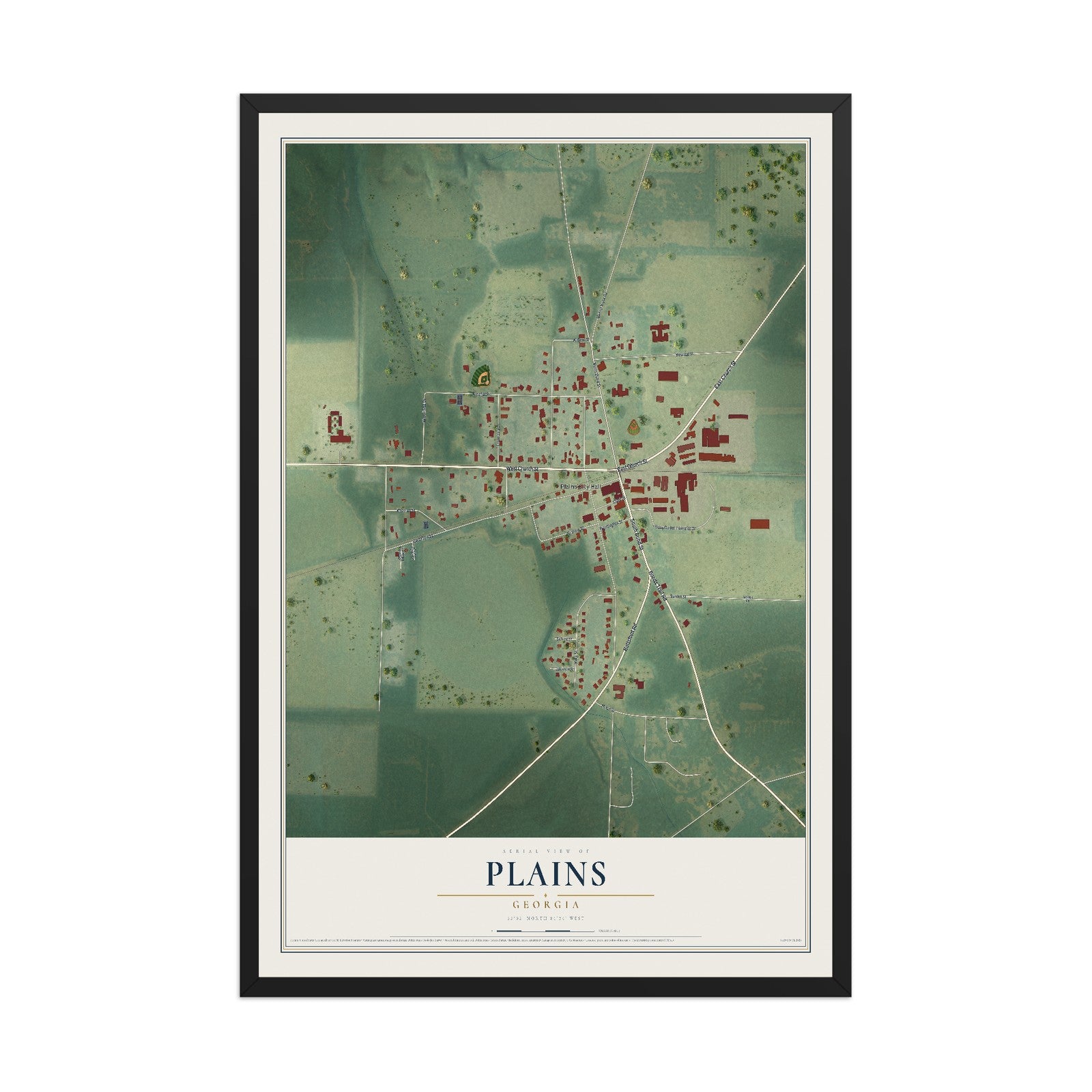 Plains, Georgia map print, 12" x 18" W/ Black Ayous Wood Frame mockup