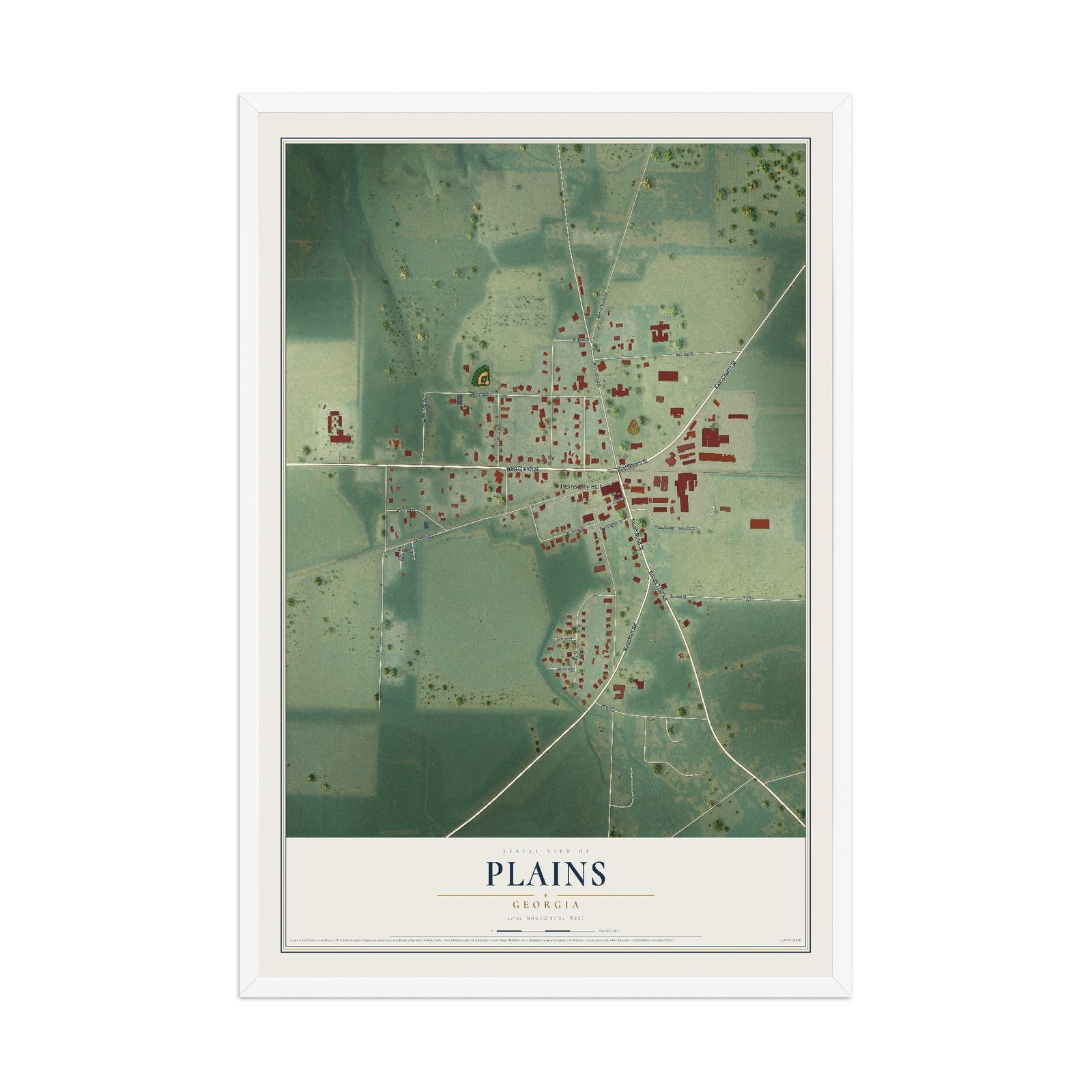 Plains, Georgia map print, 12" x 18" W/ White Ayous Wood Frame mockup
