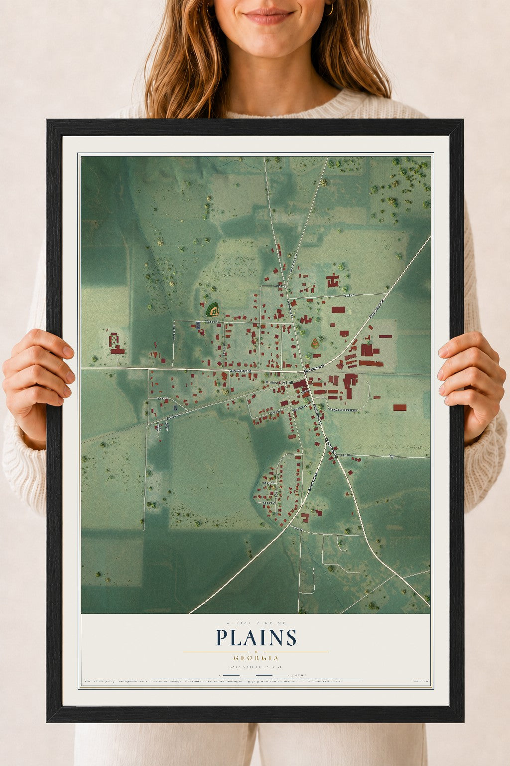 Plains, Georgia map print, 18" x 24" W/ Black Ayous Wood Frame mockup
