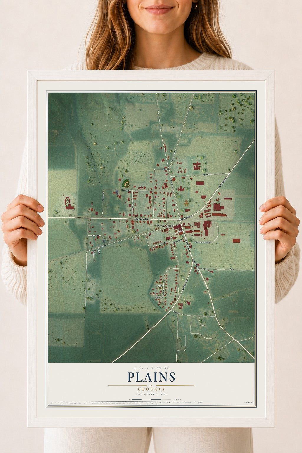 Plains, Georgia map print, 18" x 24" W/ White Ayous Wood Frame mockup