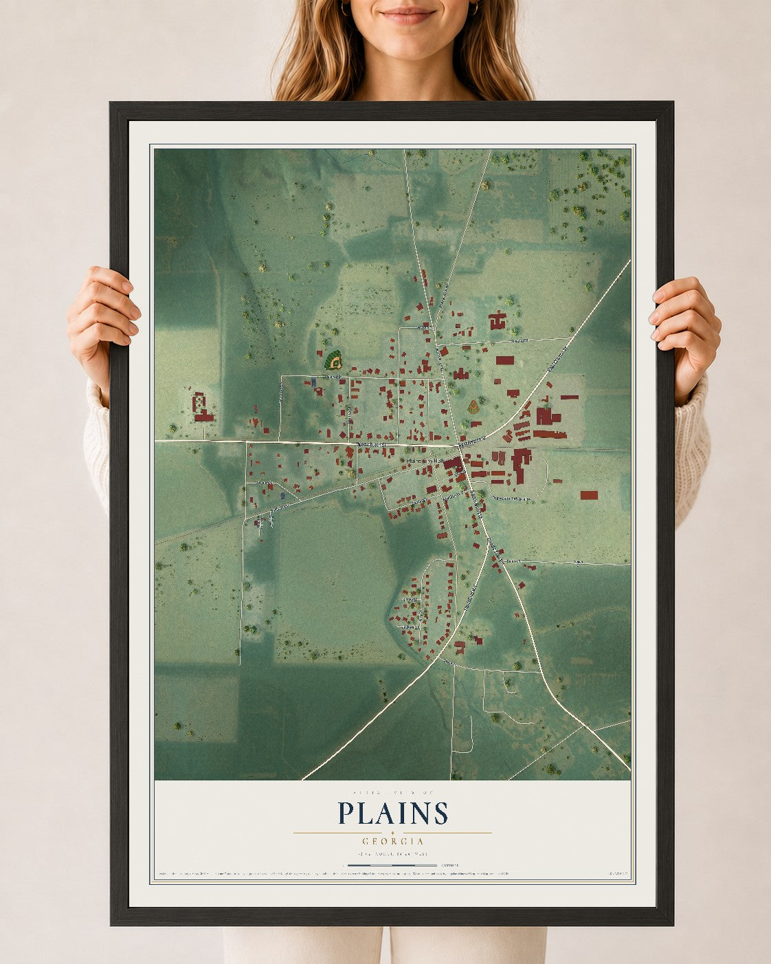 Plains, Georgia map print, 24" x 36" W/ Black Ayous Wood Frame mockup