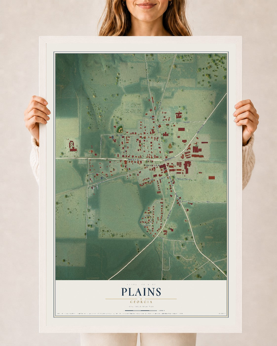 Plains, Georgia map print, 24" x 36" W/ White Ayous Wood Frame mockup