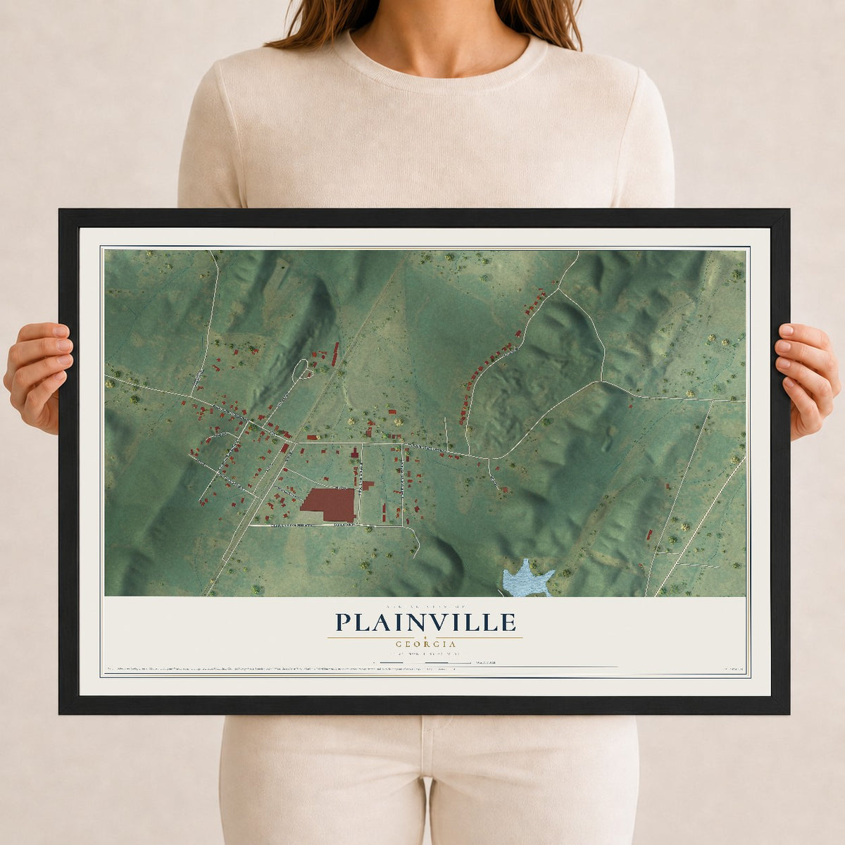 Plainville, Georgia map print, 12" x 18" W/ Black Ayous Wood Frame mockup