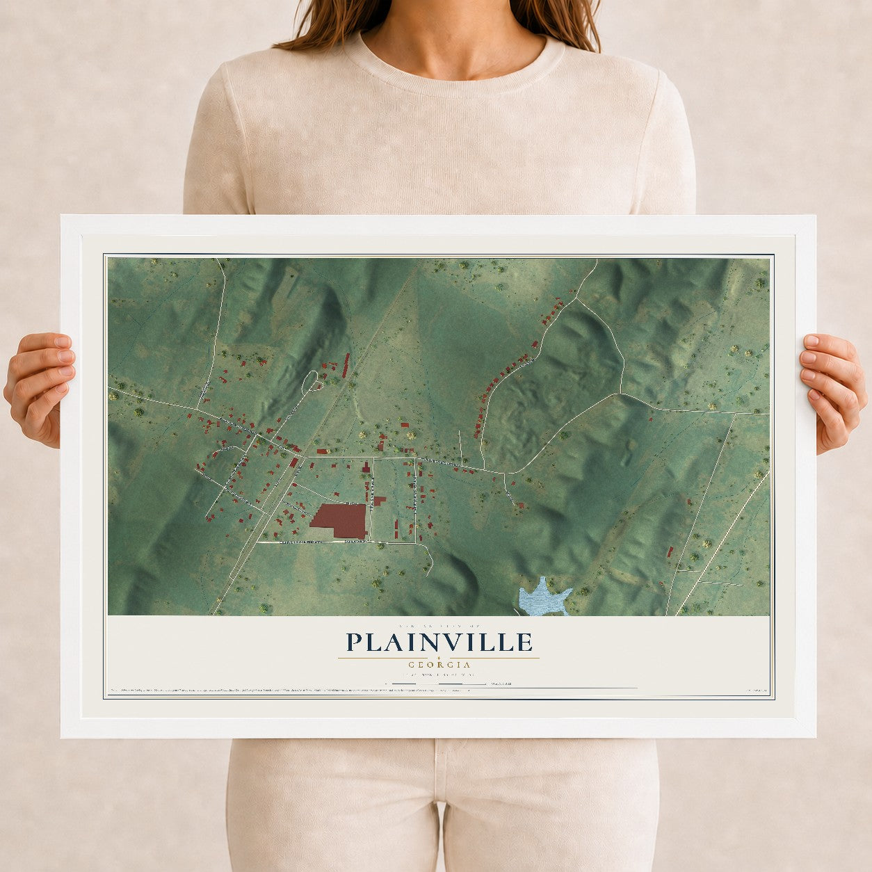 Plainville, Georgia map print, 12" x 18" W/ White Ayous Wood Frame mockup