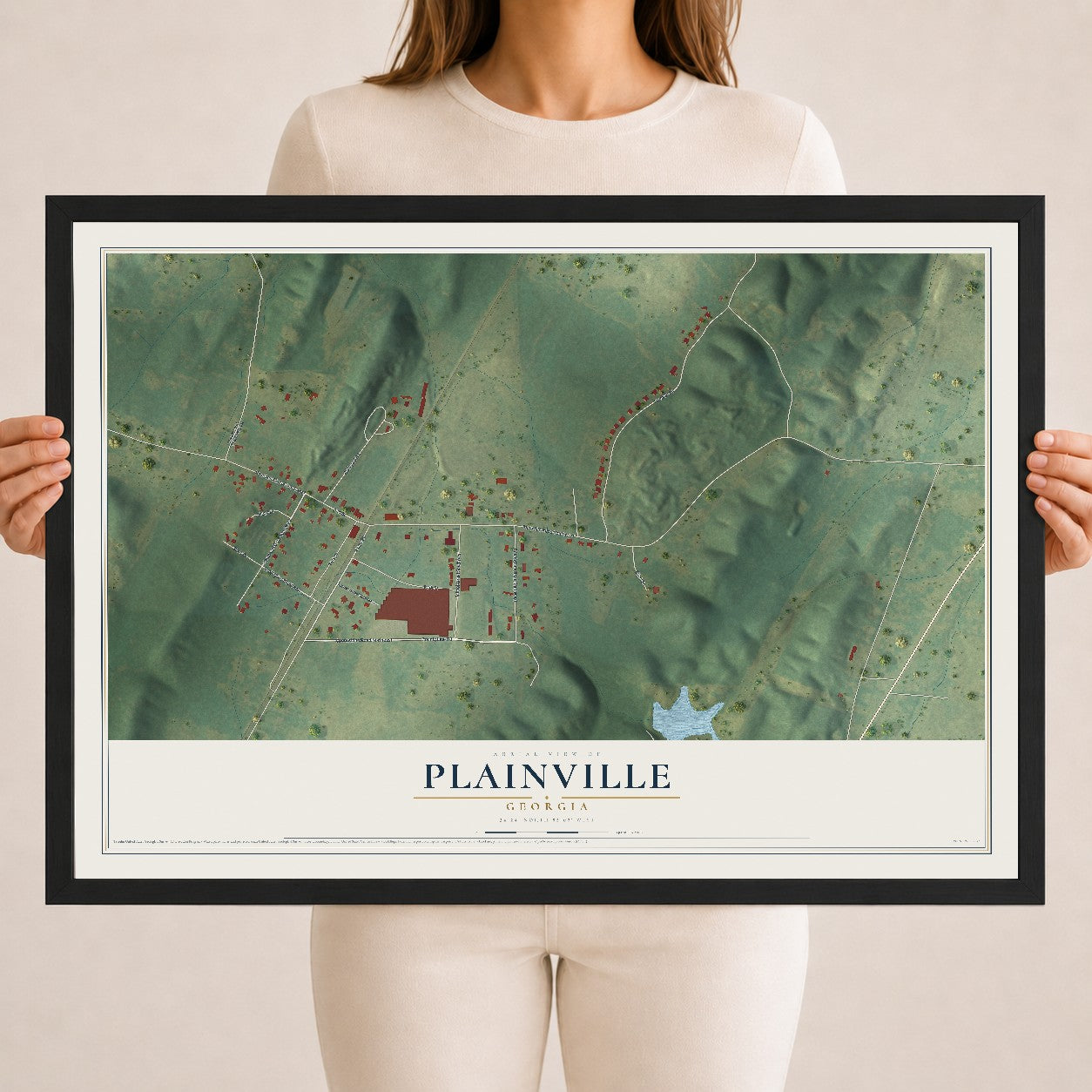 Plainville, Georgia map print, 18" x 24" W/ Black Ayous Wood Frame mockup