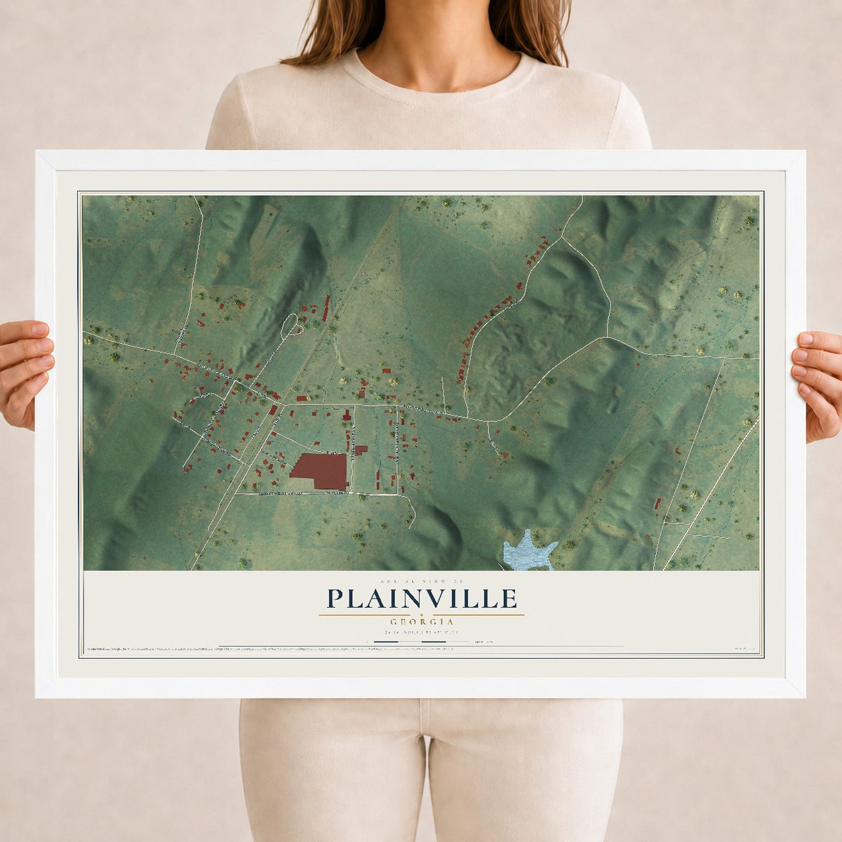 Plainville, Georgia map print, 18" x 24" W/ White Ayous Wood Frame mockup