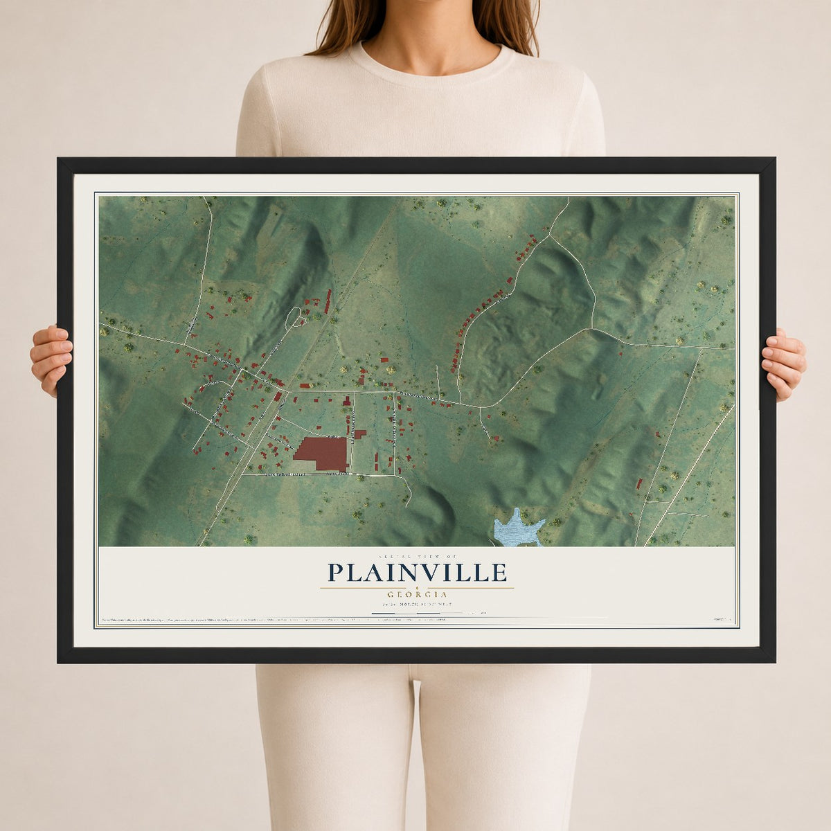 Plainville, Georgia map print, 24" x 36" W/ Black Ayous Wood Frame mockup