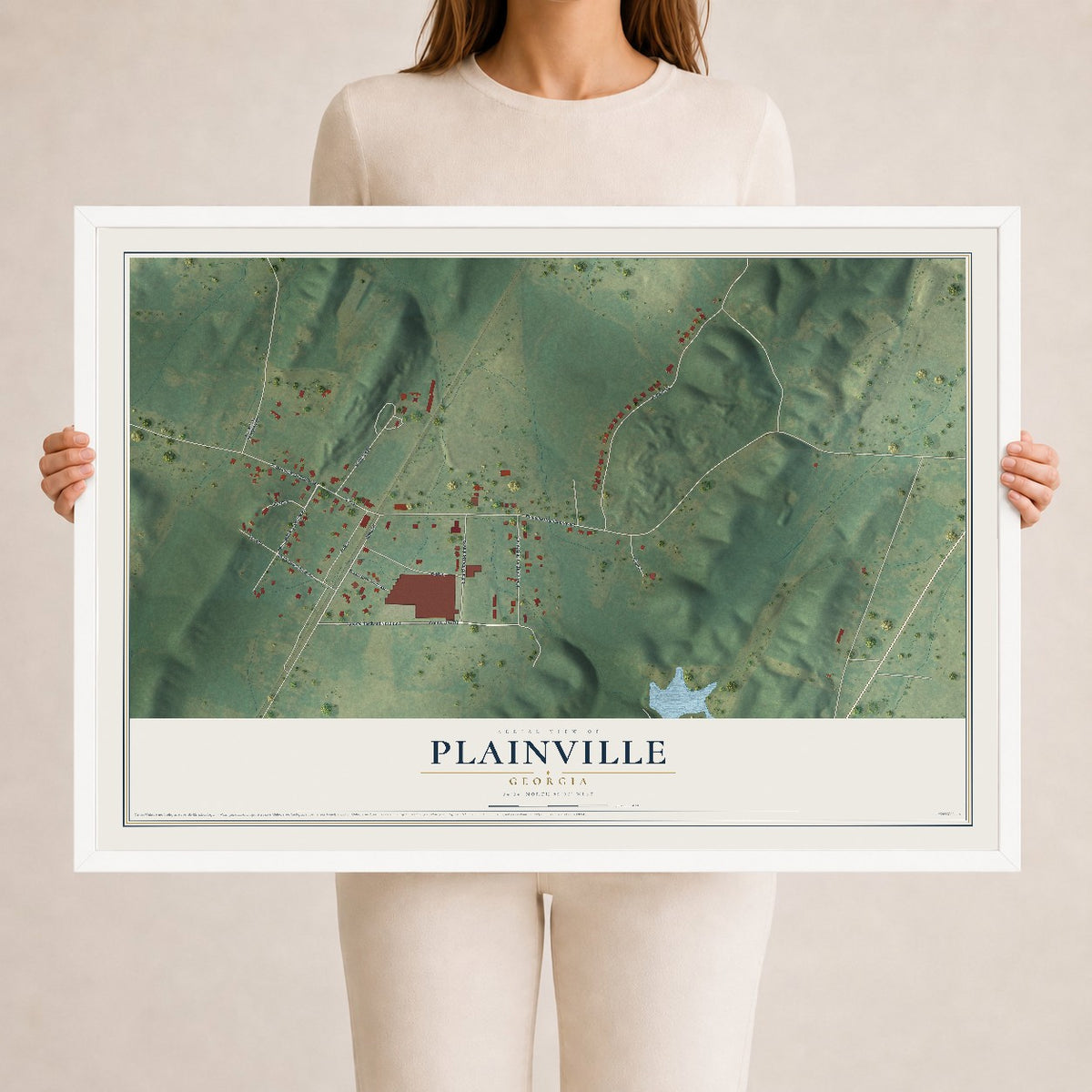 Plainville, Georgia map print, 24" x 36" W/ White Ayous Wood Frame mockup