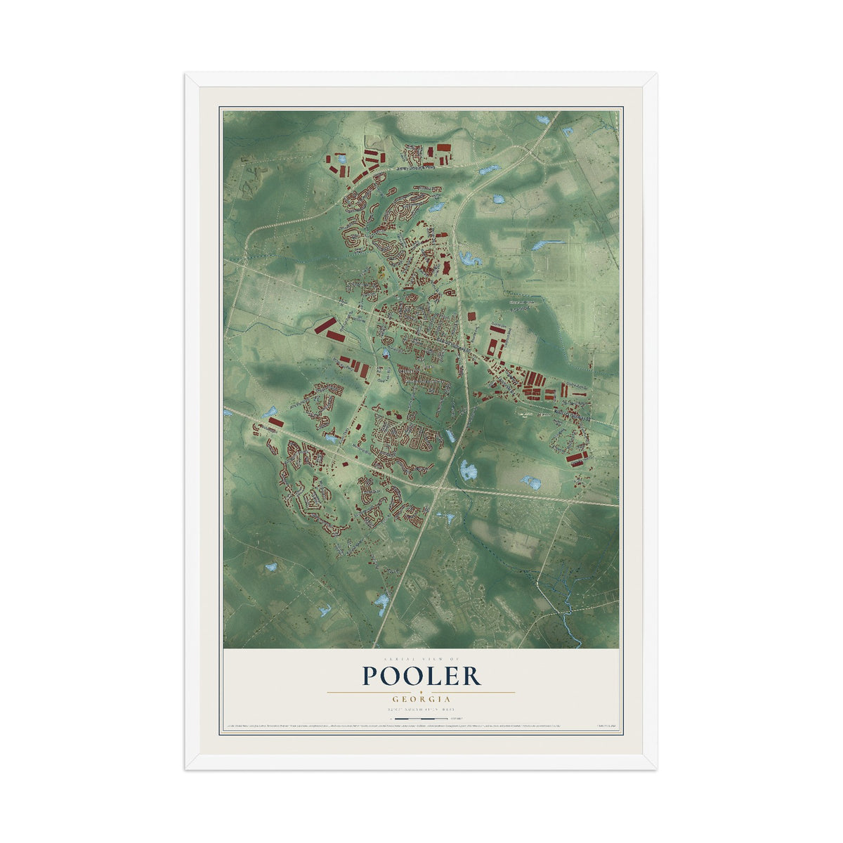 Pooler, Georgia map print, 12" x 18" W/ White Ayous Wood Frame mockup