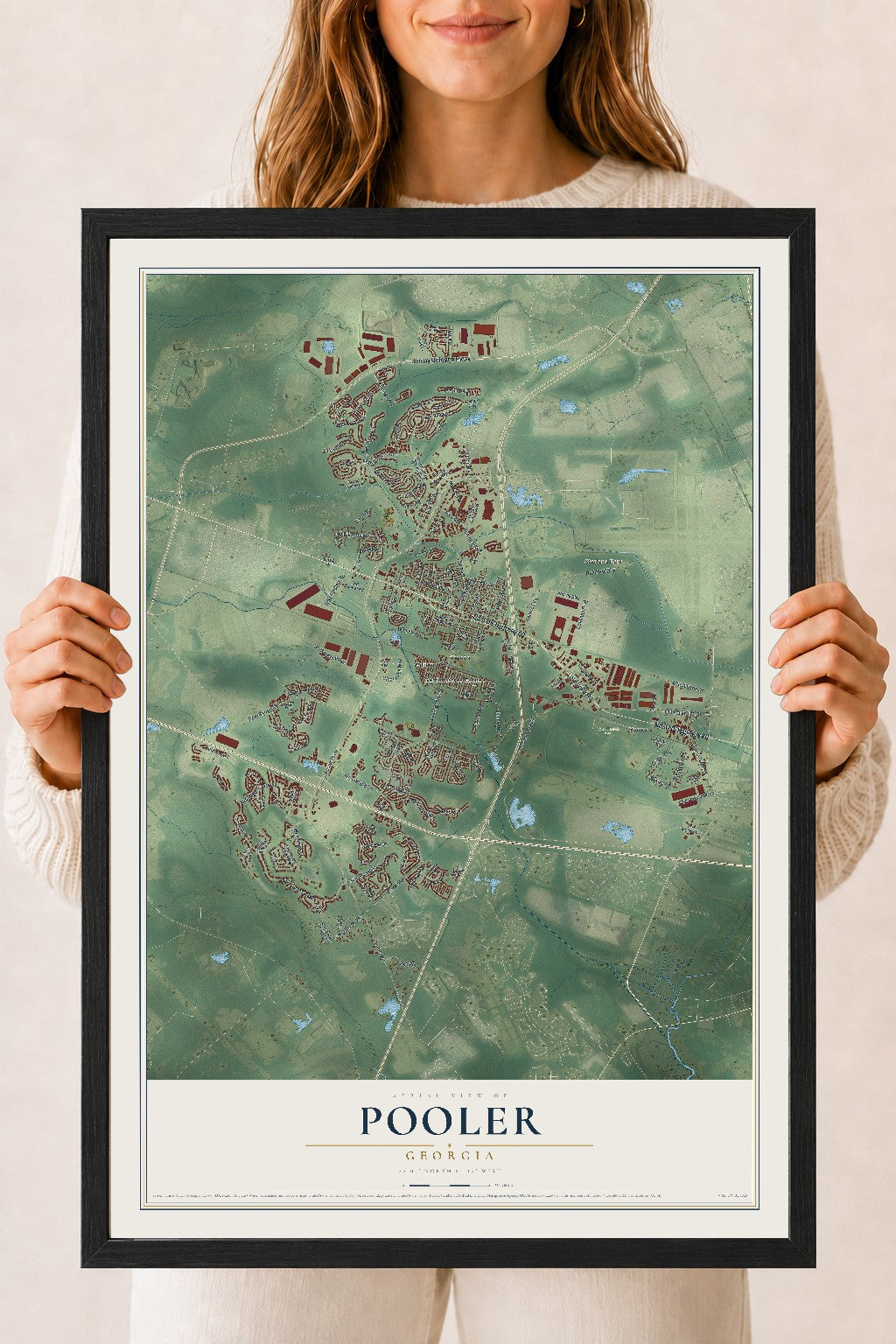 Pooler, Georgia map print, 18" x 24" W/ Black Ayous Wood Frame mockup