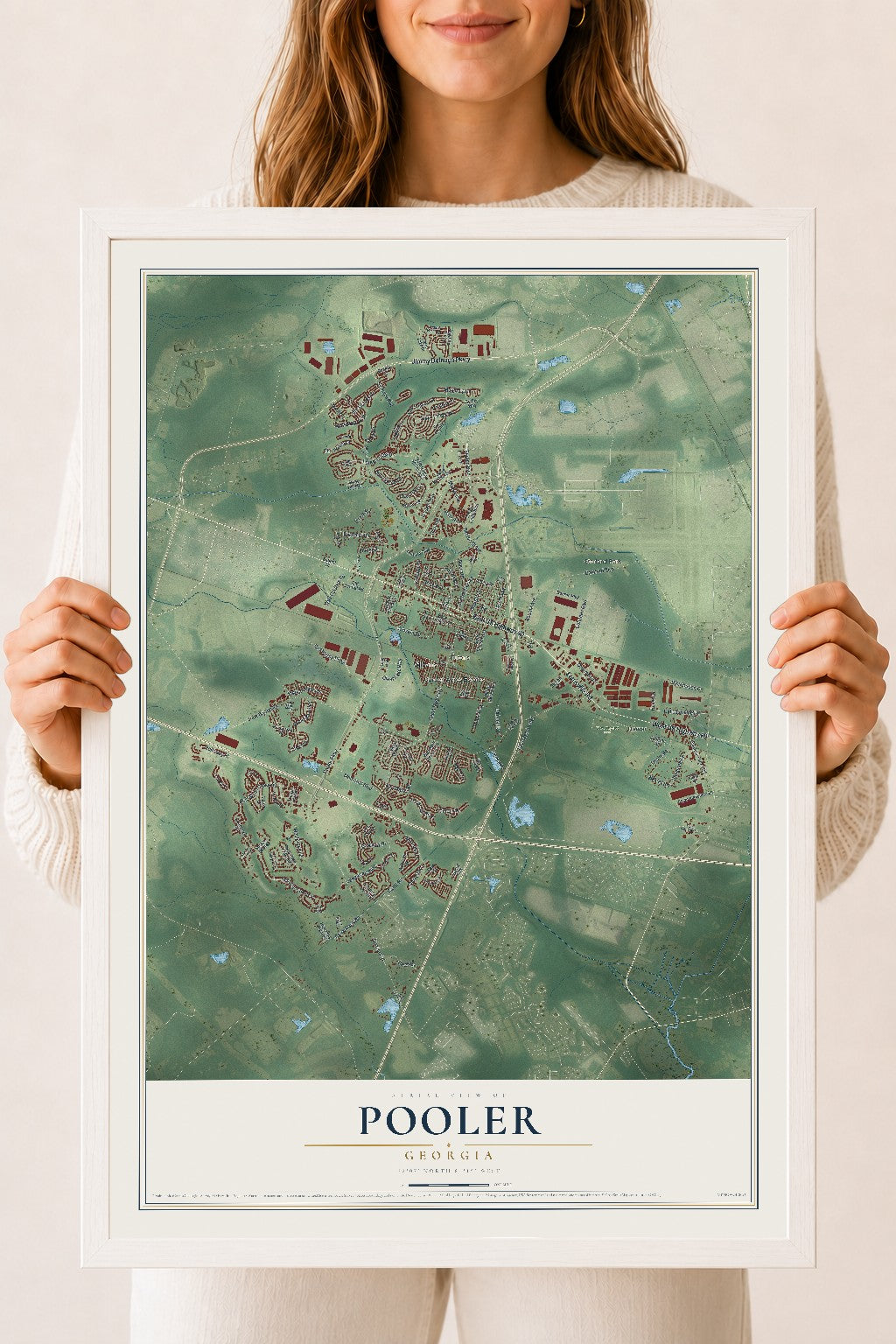 Pooler, Georgia map print, 18" x 24" W/ White Ayous Wood Frame mockup