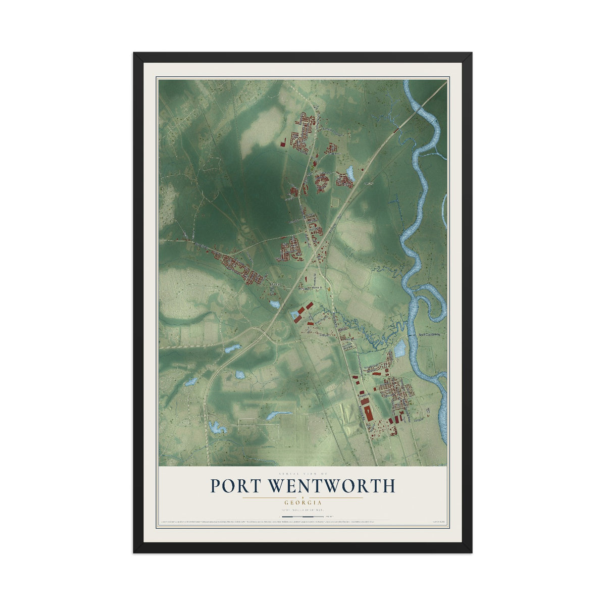 Port Wentworth, Georgia map print, 12" x 18" W/ Black Ayous Wood Frame mockup