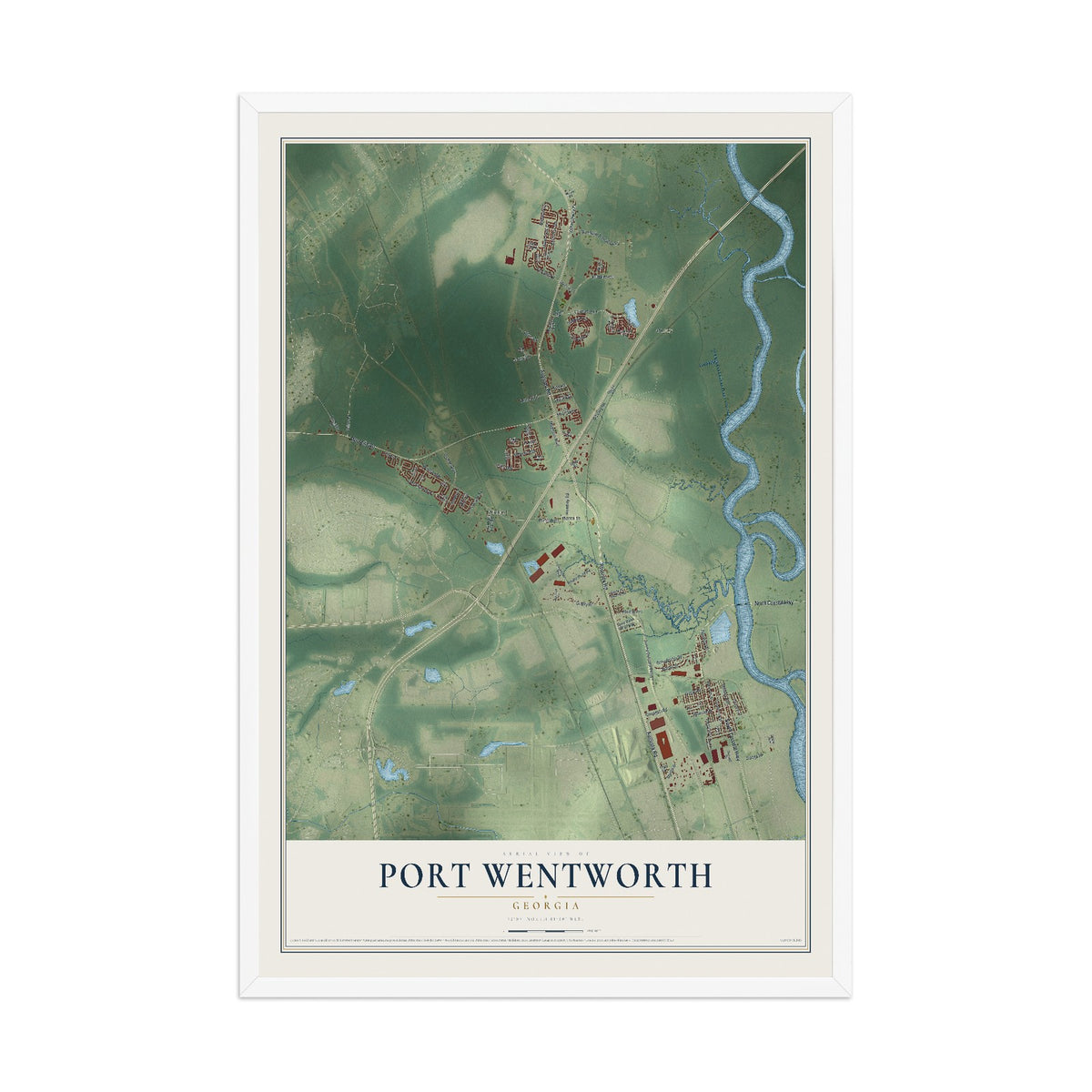 Port Wentworth, Georgia map print, 12" x 18" W/ White Ayous Wood Frame mockup