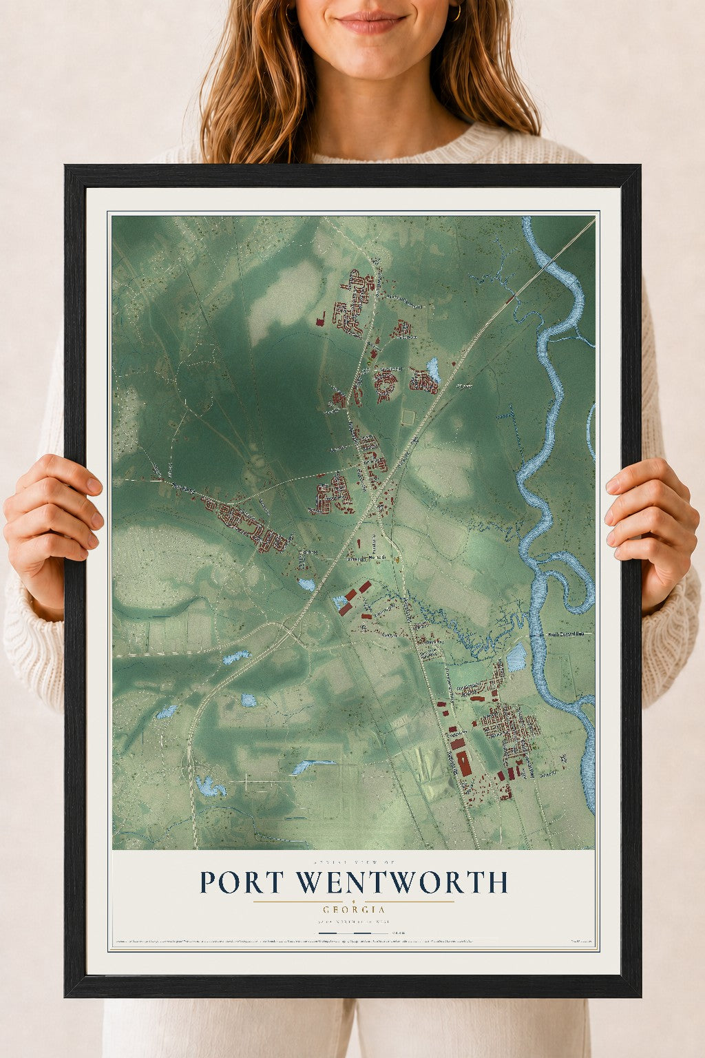 Port Wentworth, Georgia map print, 18" x 24" W/ Black Ayous Wood Frame mockup