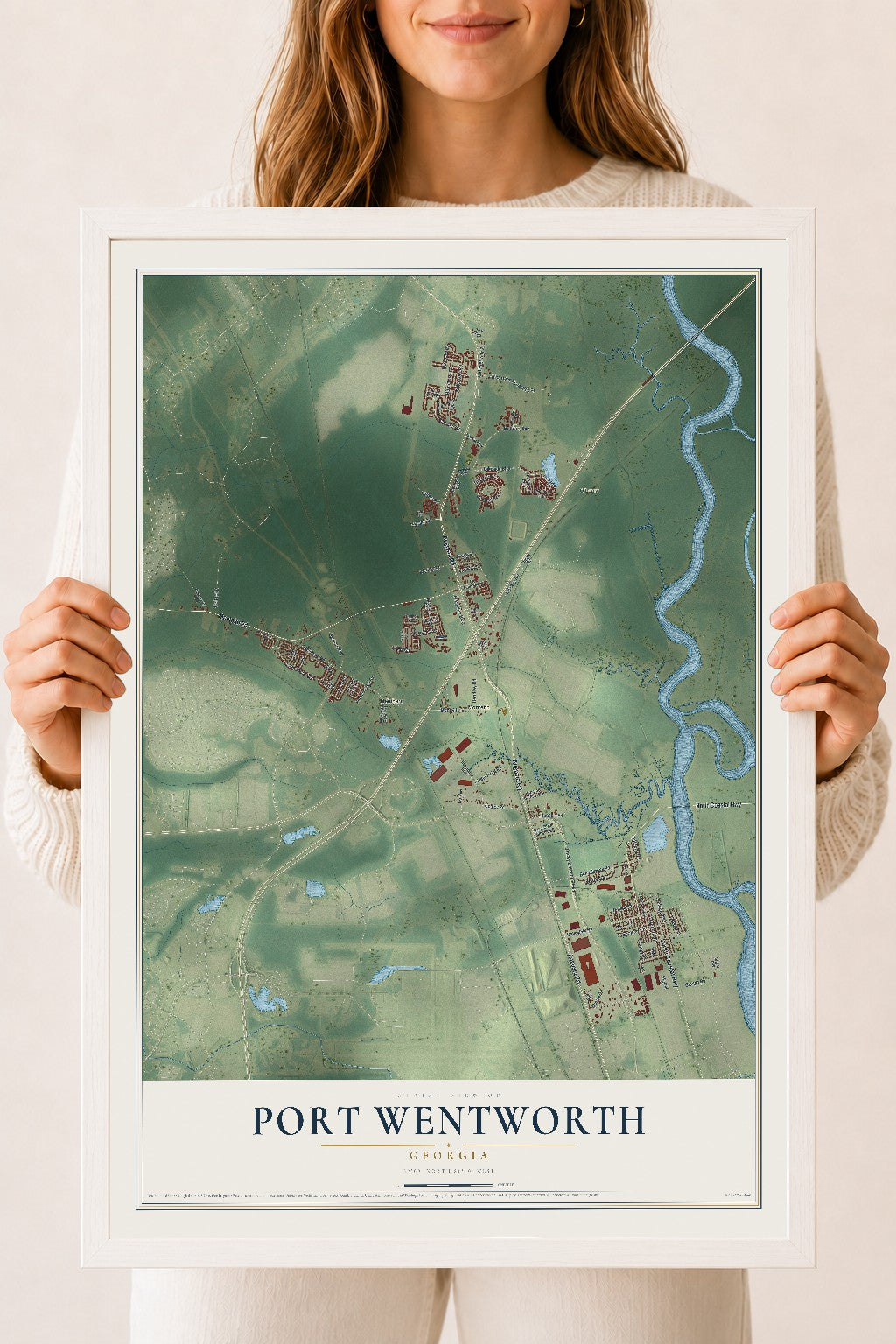 Port Wentworth, Georgia map print, 18" x 24" W/ White Ayous Wood Frame mockup