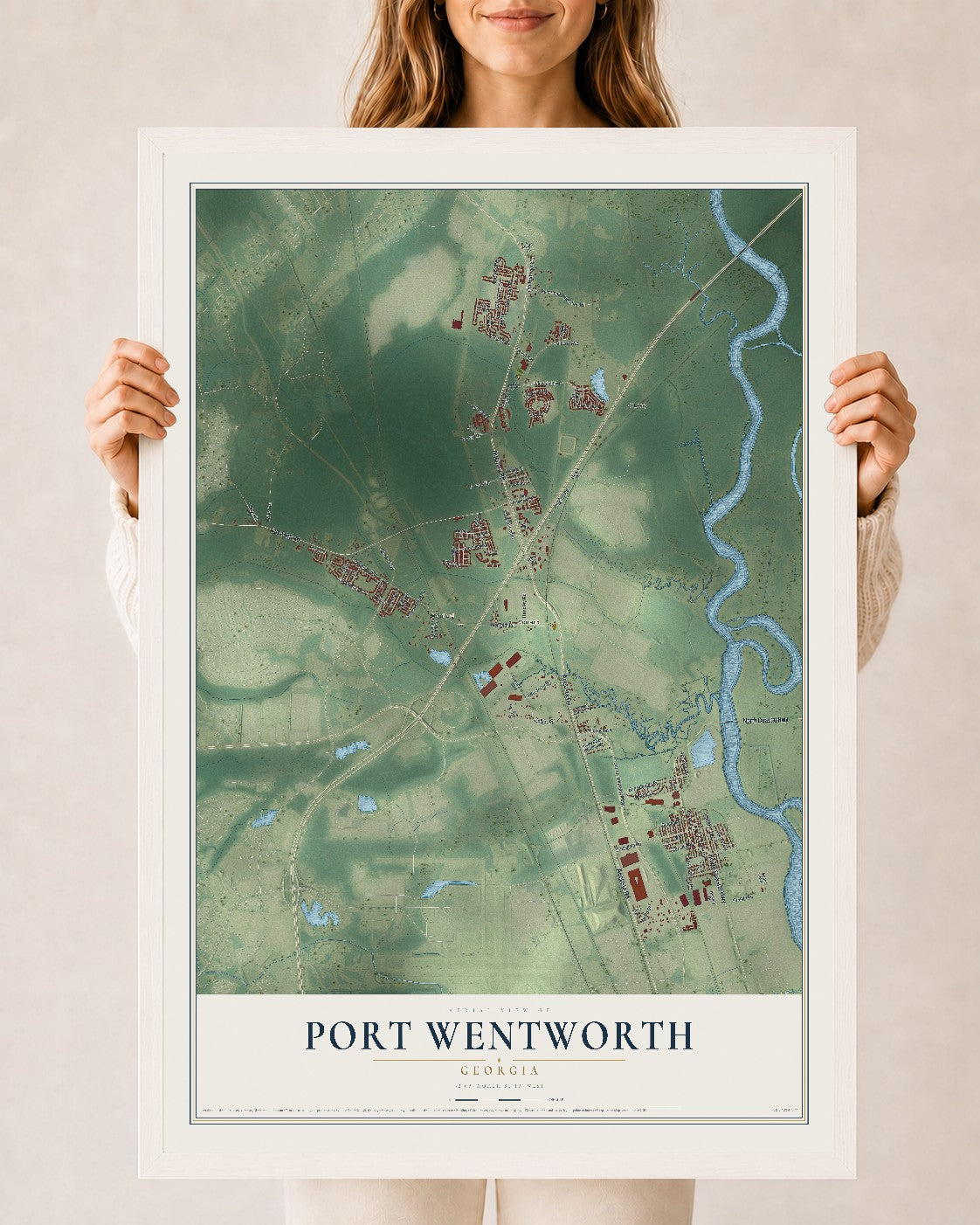 Port Wentworth, Georgia map print, 24" x 36" W/ White Ayous Wood Frame mockup