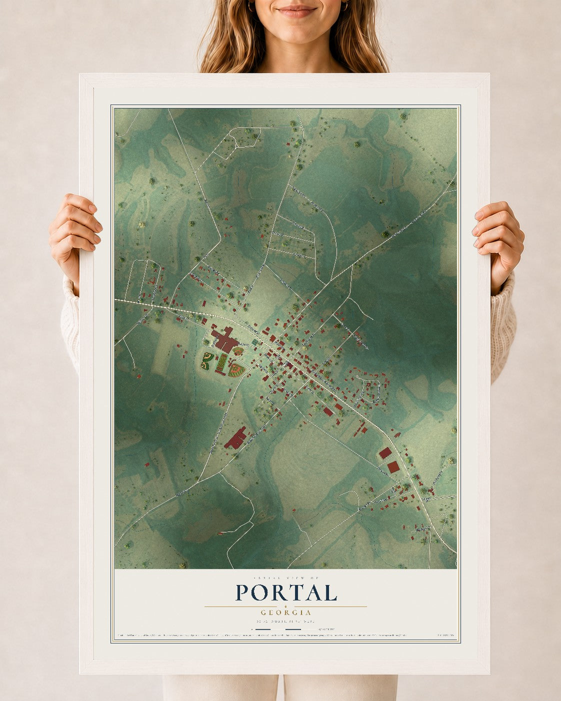 Portal, Georgia map print, 24" x 36" W/ White Ayous Wood Frame mockup