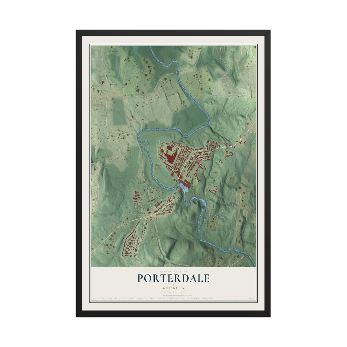 Porterdale, Georgia map print, 12" x 18" W/ Black Ayous Wood Frame mockup