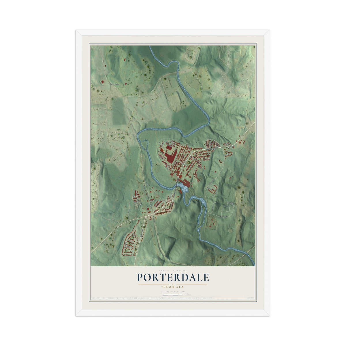 Porterdale, Georgia map print, 12" x 18" W/ White Ayous Wood Frame mockup