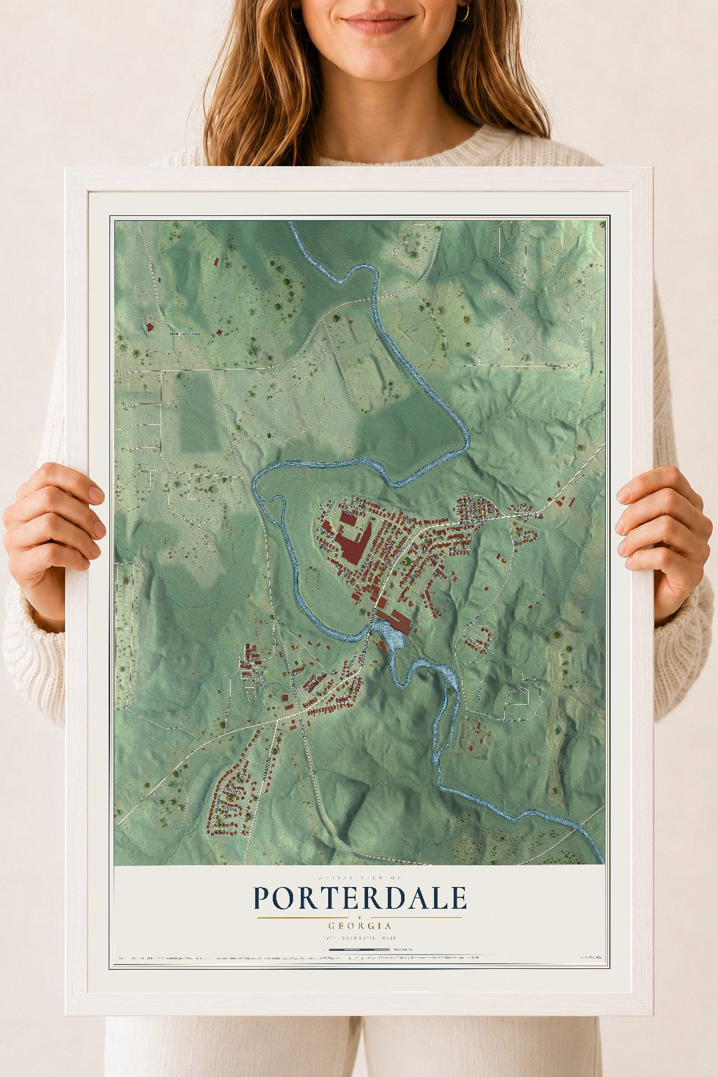 Porterdale, Georgia map print, 18" x 24" W/ White Ayous Wood Frame mockup