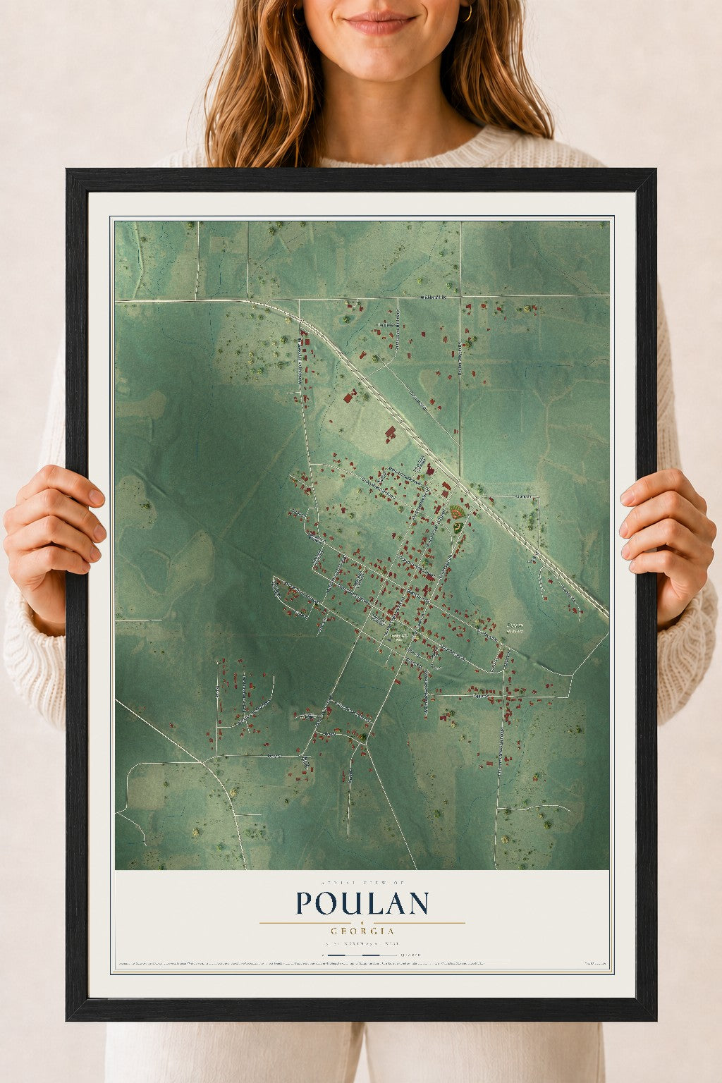 Poulan, Georgia map print, 18" x 24" W/ Black Ayous Wood Frame mockup