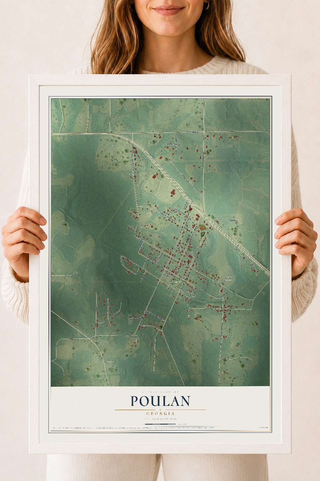 Poulan, Georgia map print, 18" x 24" W/ White Ayous Wood Frame mockup