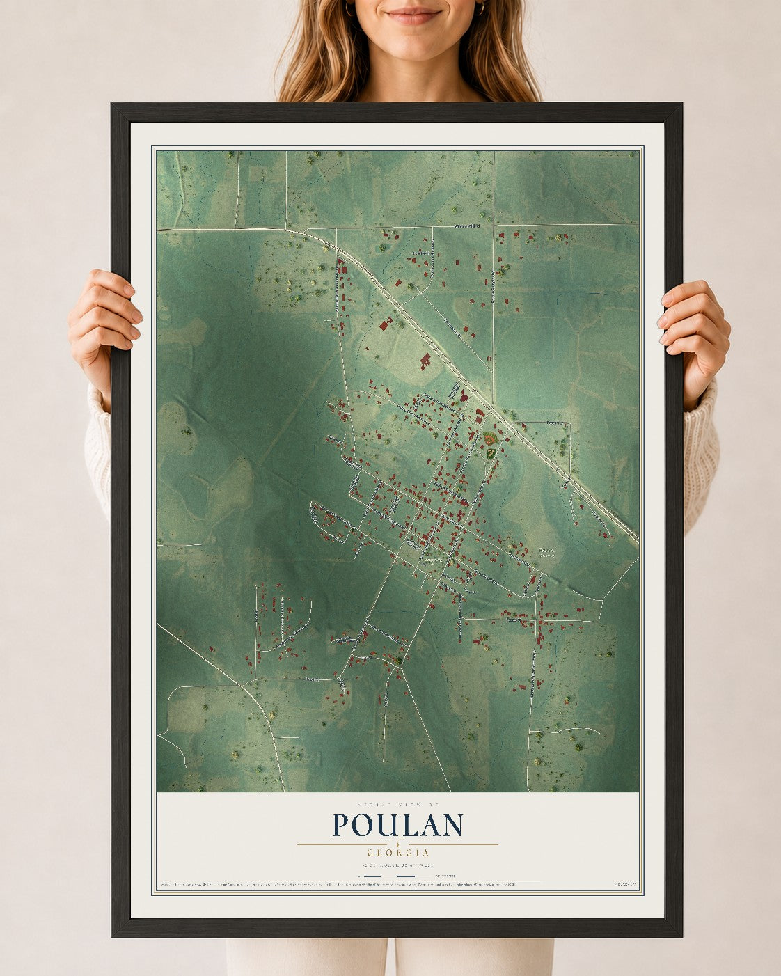 Poulan, Georgia map print, 24" x 36" W/ Black Ayous Wood Frame mockup