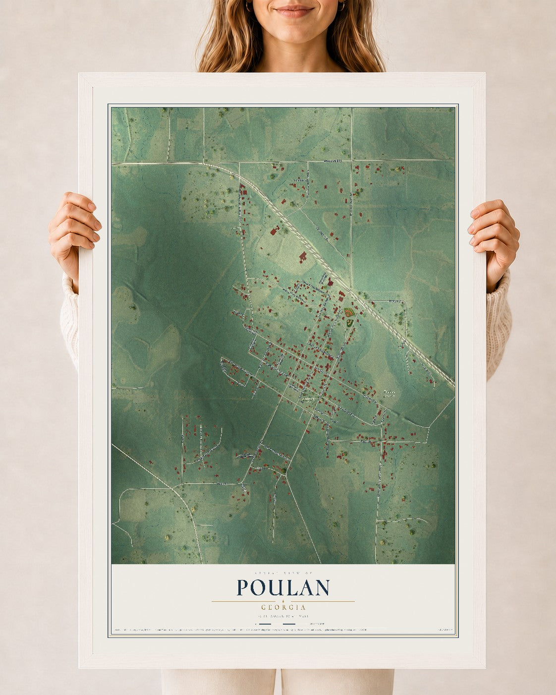 Poulan, Georgia map print, 24" x 36" W/ White Ayous Wood Frame mockup
