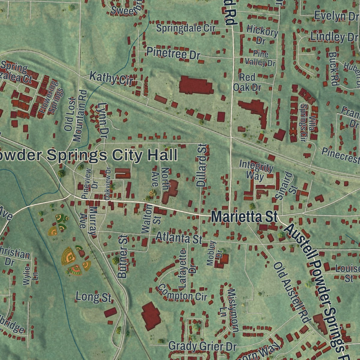 Close-up 1 of the Powder Springs, Georgia map artwork