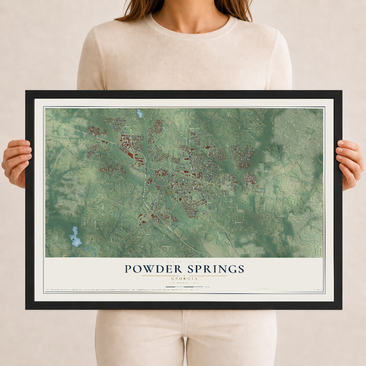 Powder Springs, Georgia map print, 12" x 18" W/ Black Ayous Wood Frame mockup