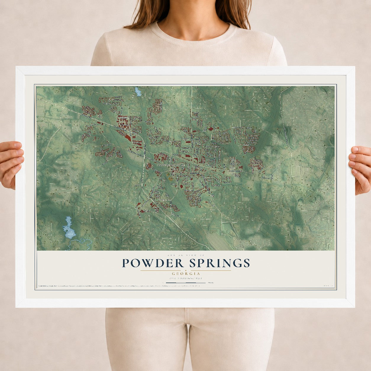 Powder Springs, Georgia map print, 18" x 24" W/ White Ayous Wood Frame mockup
